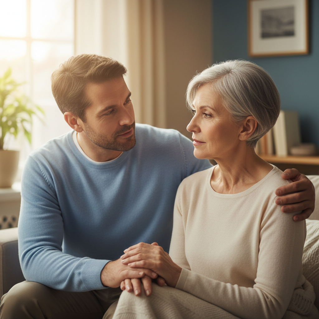 Caregiver providing emotional support and comfort to a loved one during chemotherapy at home.