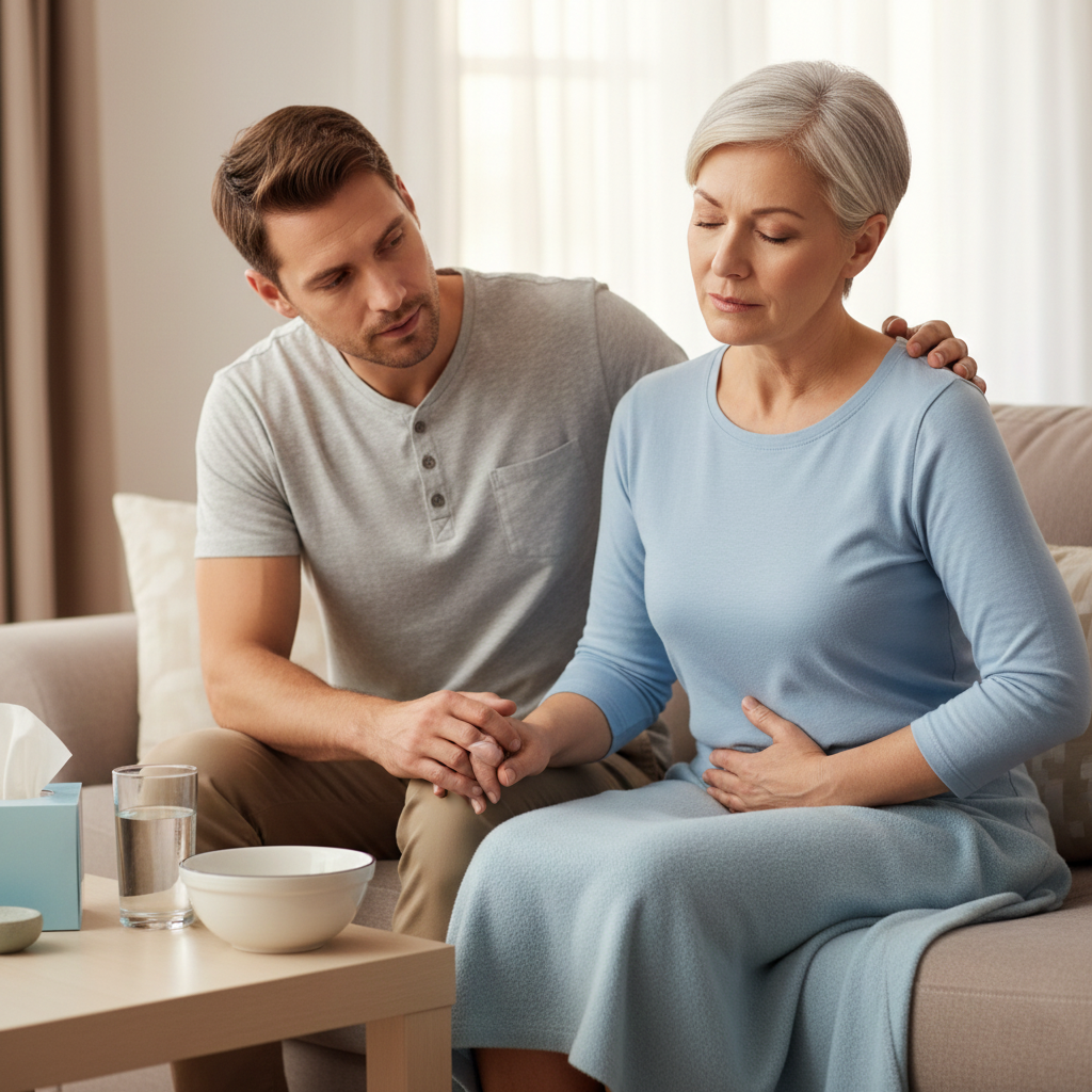 Caregiver providing calm support to a chemotherapy patient experiencing nausea at home.