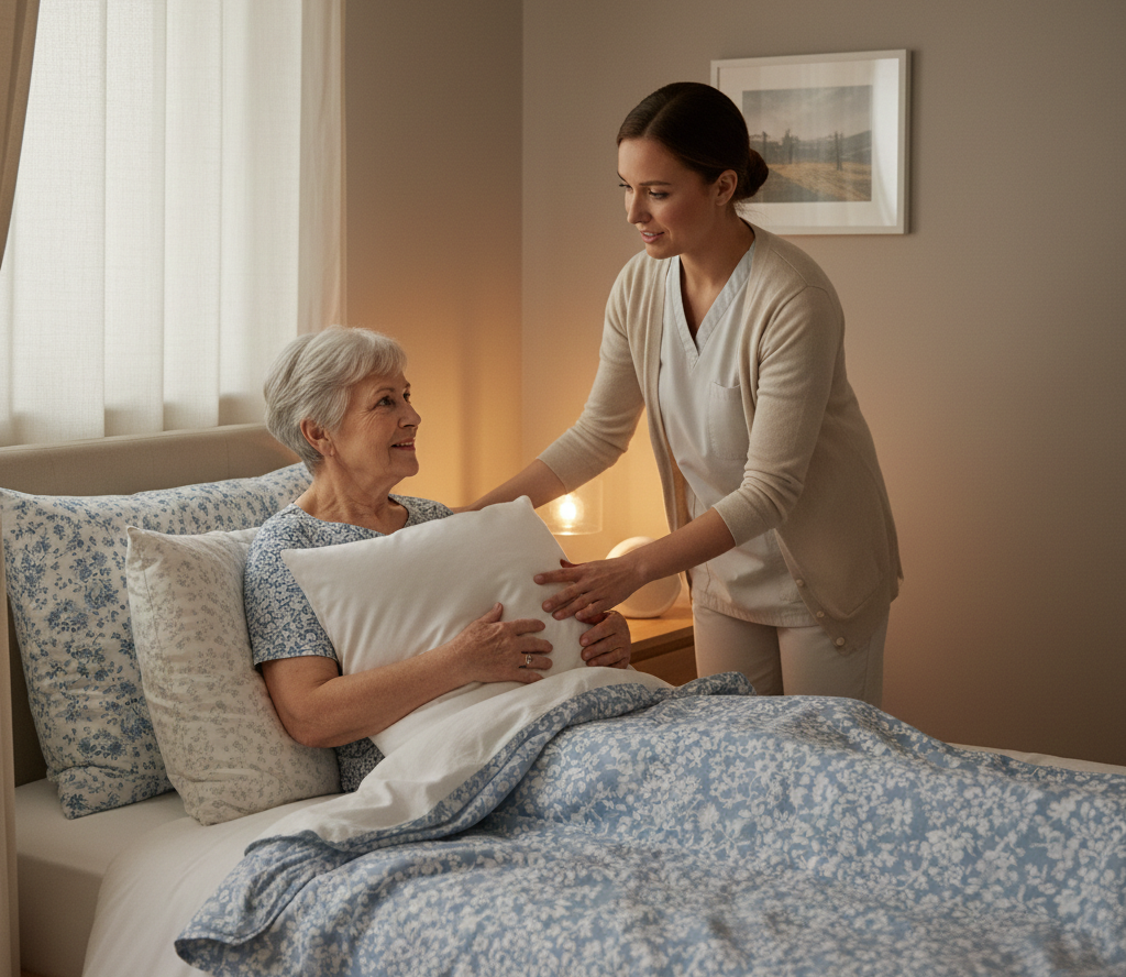 Caregiver positioning a patient comfortably in bed with pillows and elevated head support before a bed bath.