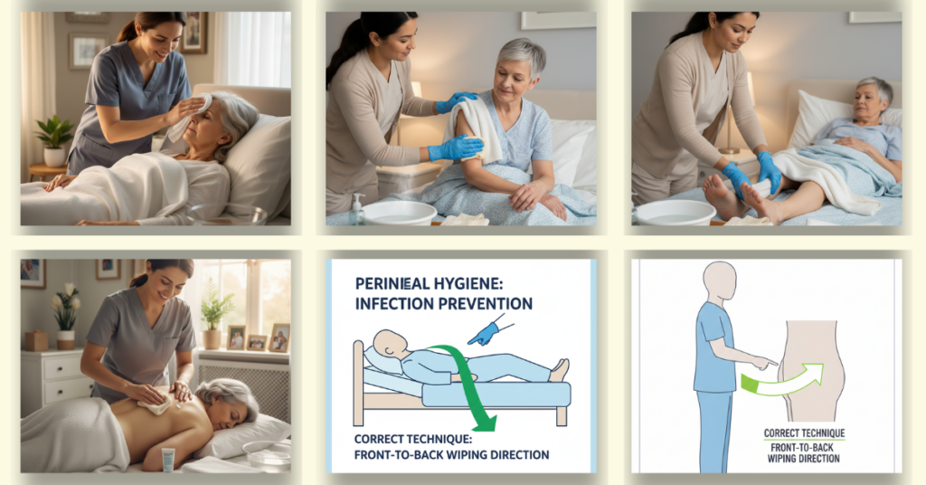 Step-by-step visual collage showing a caregiver giving a bed bath, including preparation of supplies, maintaining privacy, washing the face, upper body, legs and feet, repositioning for comfort, and completing personal hygiene safely at home.