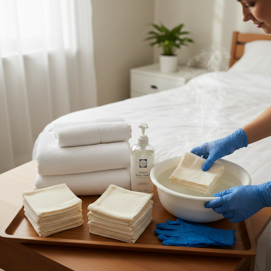 Bed bath supplies arranged neatly at bedside, including towels, washcloths, mild soap, and warm water for home patient care.