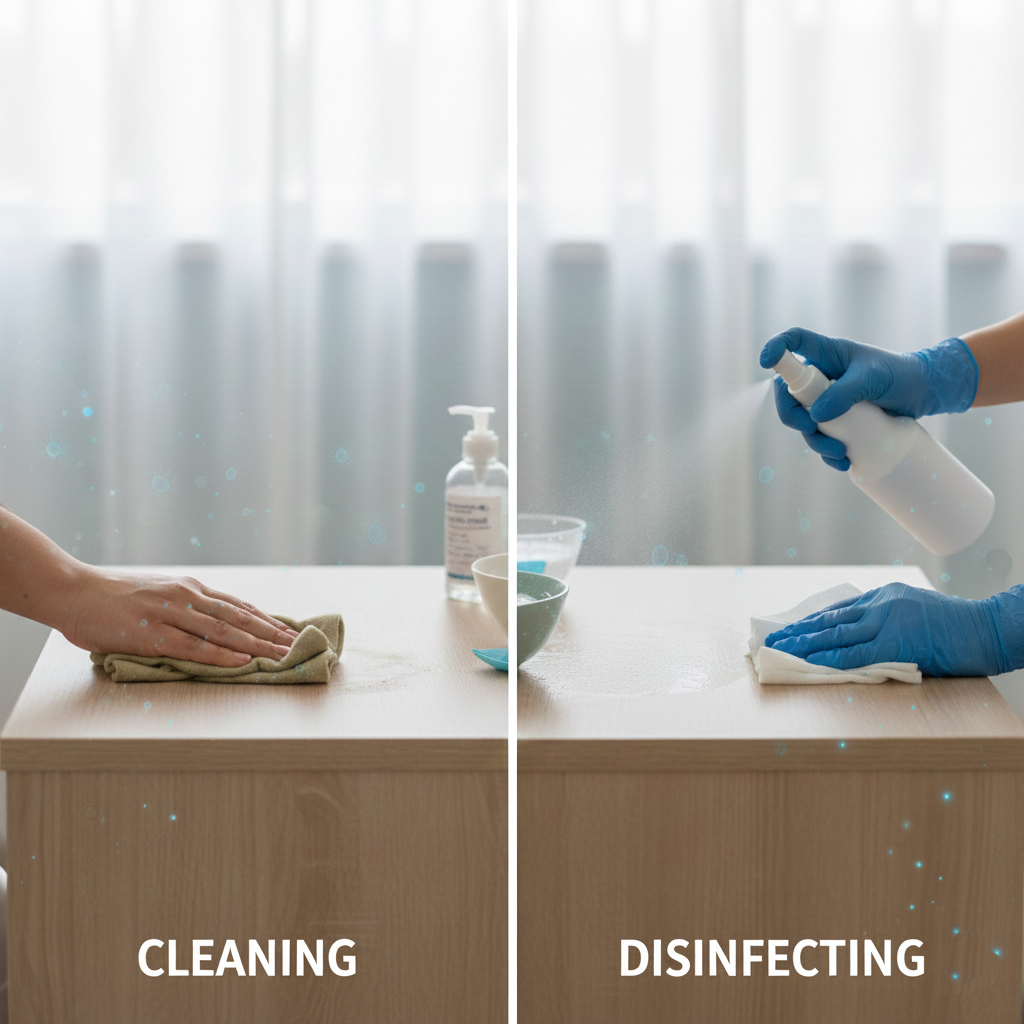 Visual comparison showing cleaning with soap removing dirt and disinfection using disinfectant to reduce germs on a home care surface.