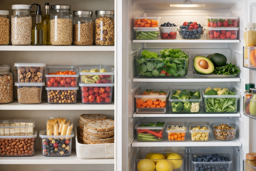 Well-organized pantry and refrigerator with whole grains, healthy snacks, fresh vegetables, fruits, and portioned containers for diabetes-friendly kitchen organization