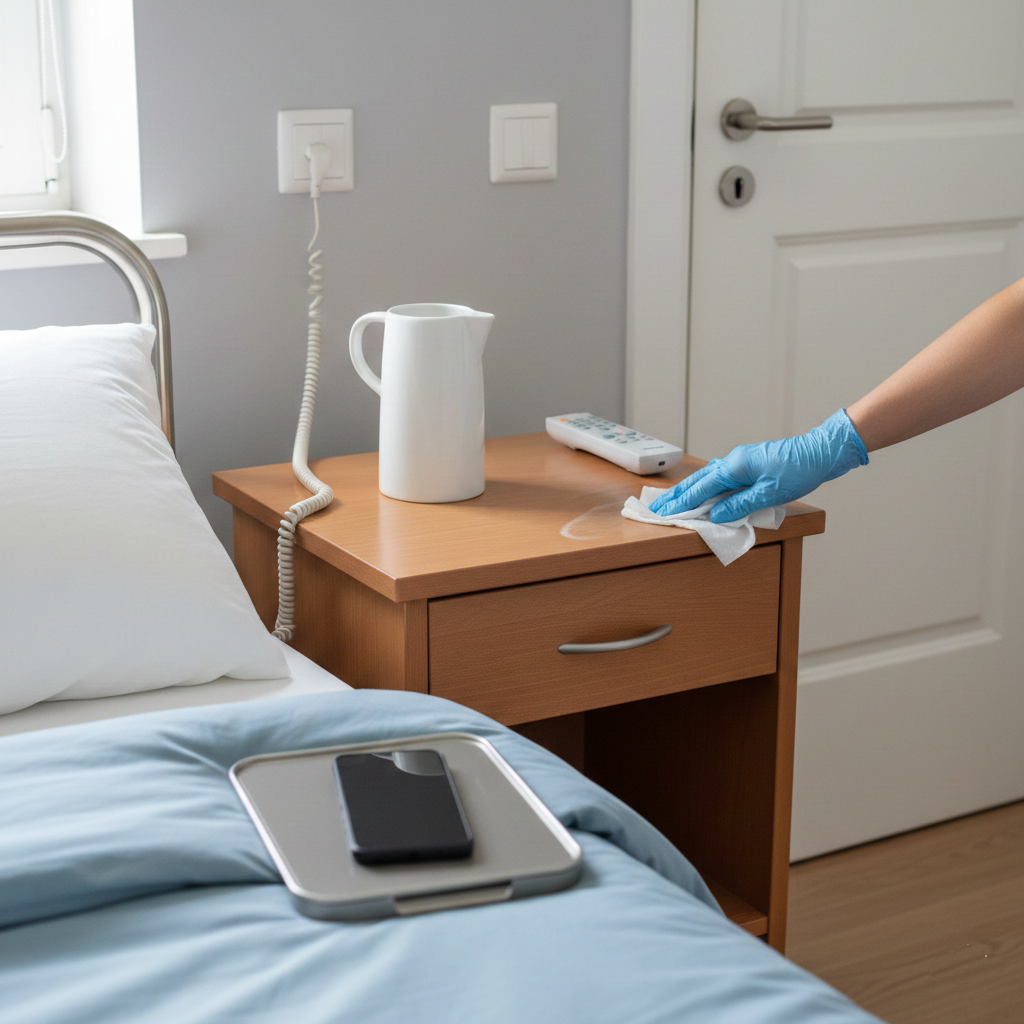 Caregiver disinfecting high-touch surfaces such as bed rails, door handles, and bedside items in a home patient care setting.
