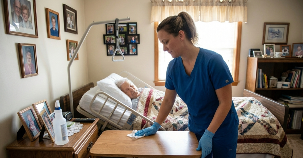Caregiver performing surface cleaning and disinfection of bedside to prevent infection during home patient care