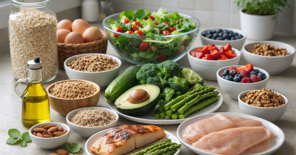 Diabetic-friendly kitchen foods including whole grains, legumes, lean proteins, fresh vegetables, fruits, and healthy fats arranged on a countertop