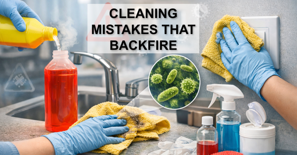 Cleaning mistakes that put health at risk, including mixing cleaning chemicals and spreading germs with a dirty cloth on household surfaces.