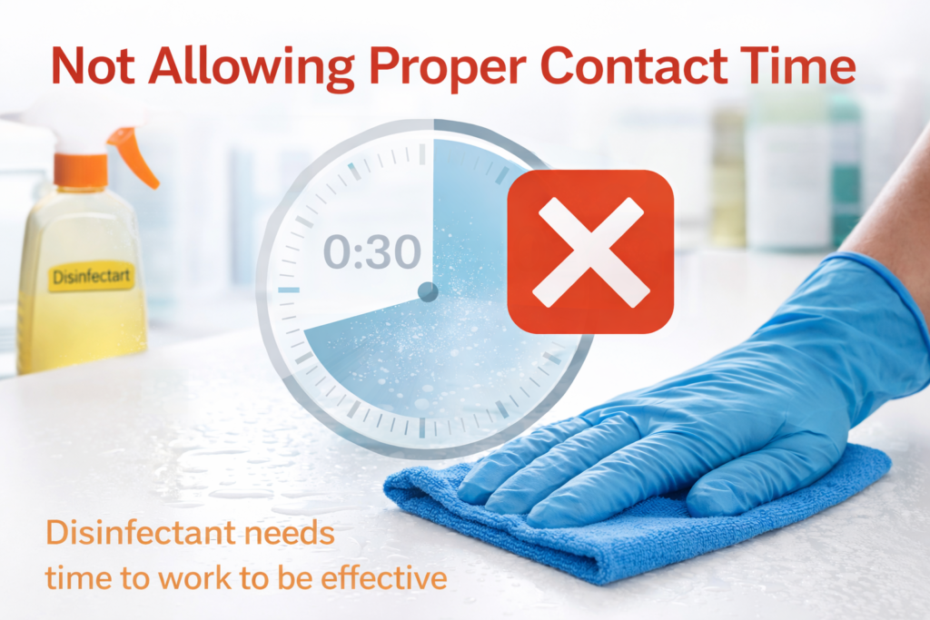 A gloved hand wiping a surface before disinfectant contact time is complete, with a timer and warning symbol indicating improper disinfection.