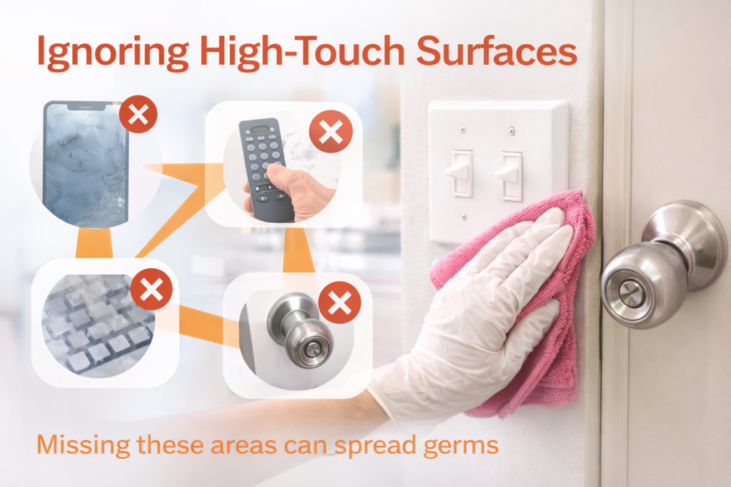 A gloved hand showing another cleaning mistake, cleaning a door area while icons highlight high-touch surfaces like light switches, door handles, phones, and remotes being overlooked.