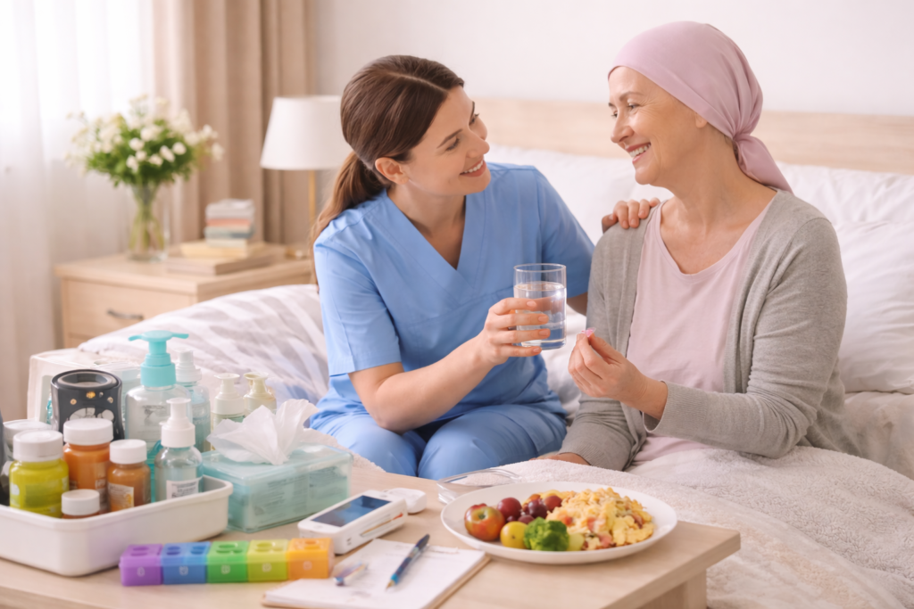 Supportive home care for a cancer patient with caregiver assistance and essential care supplies