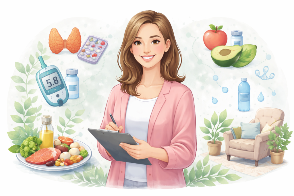 A caregiver holding a clipboard and smiling, surrounded by healthy food, water, and wellness-related items in a calm home setting, representing supportive hormonal and metabolic care.