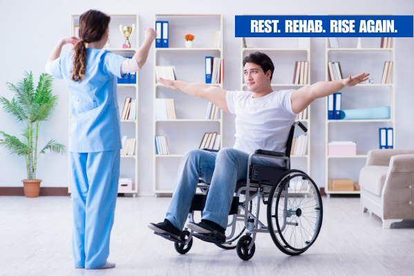 Guided physical recovery after surgery with caregiver helping patient regain safe mobility at home.