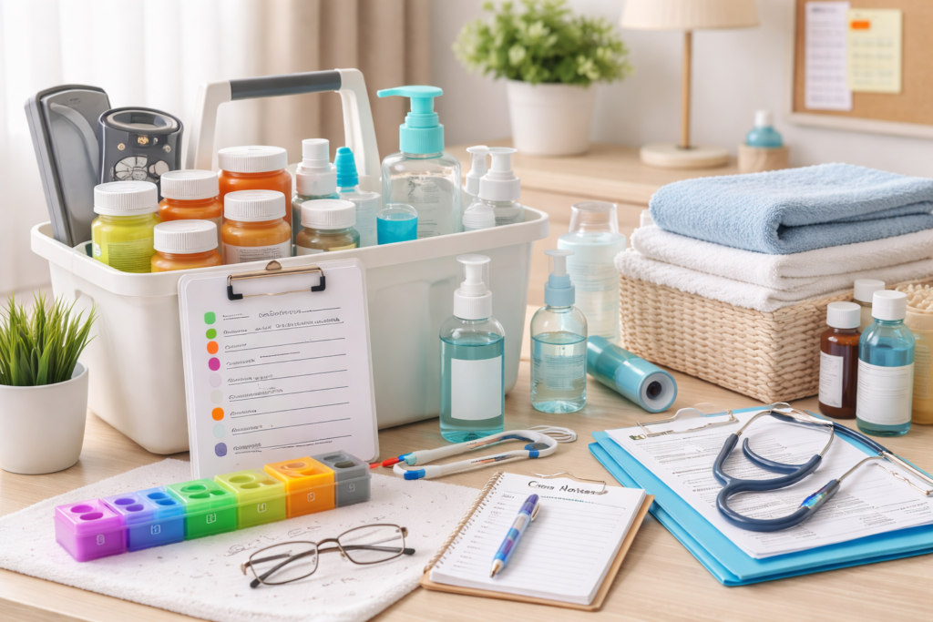 Organized caregiving supplies with medicines, hygiene items, care notes, and daily care essentials for home caregivers