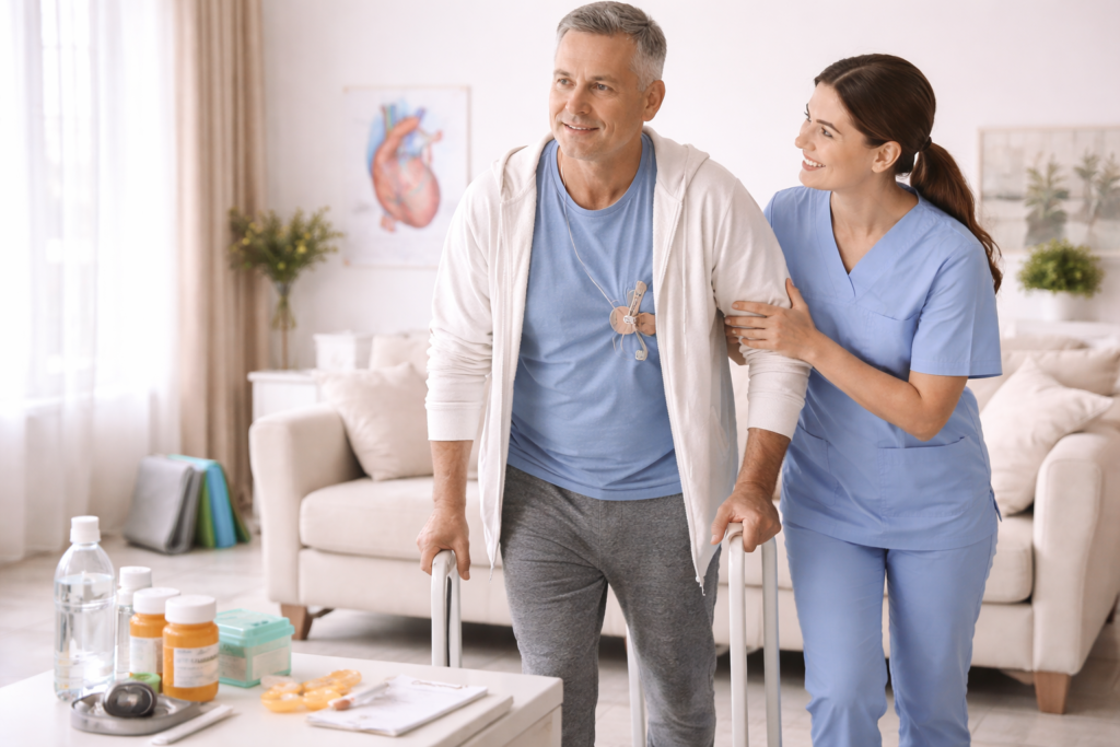 Supportive home rehabilitation scene with caregiver helping cardiac patient regain strength and mobility
