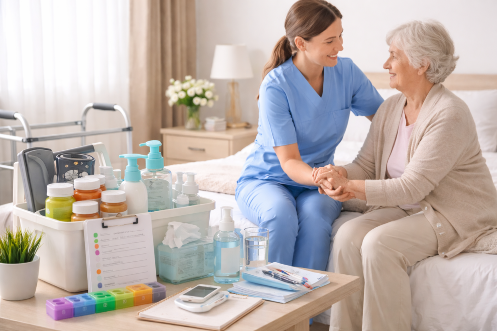 Caregiver assisting an elderly patient with support, medicines, and organized home care supplies in a safe environment