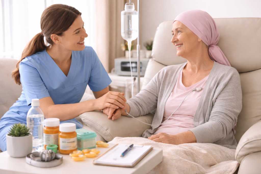 Compassionate treatment support for cancer patient with caregiver presence and medical care essentials