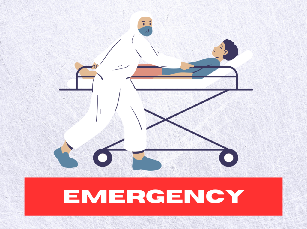Caregiver transporting a patient on a stretcher to the hospital, illustrating when urgent medical help is needed after surgery.