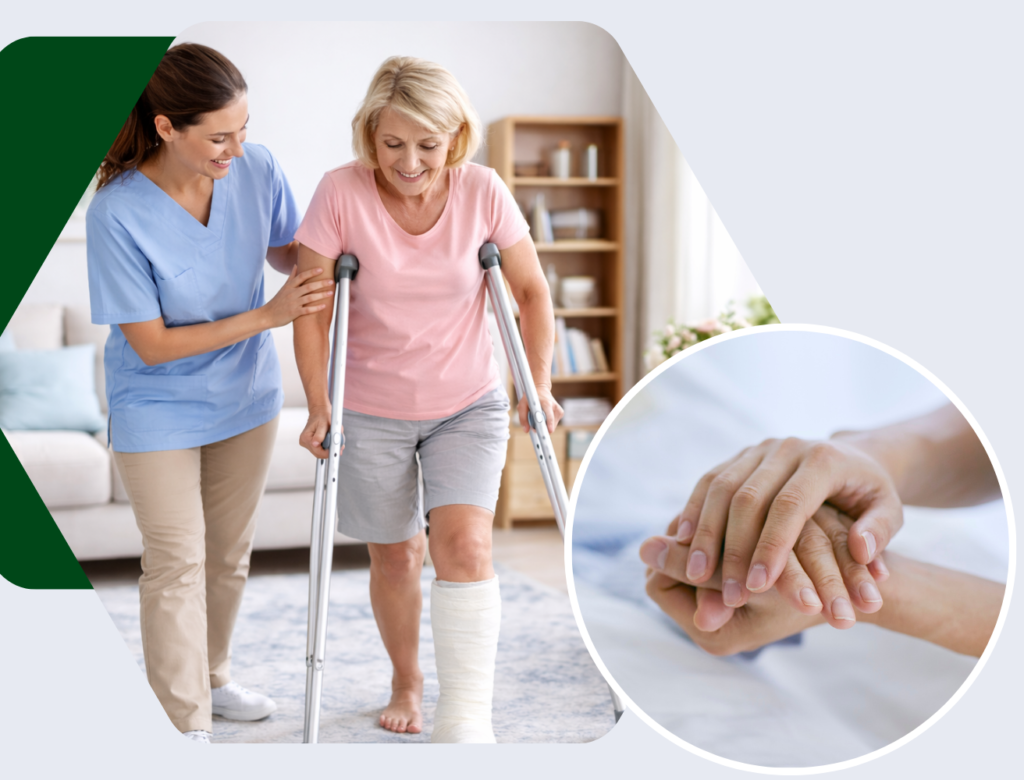 ایک کیئرگیور آپریشن کے بعد مریضہ کو چلنے میں مدد فراہم کر رہی ہے۔